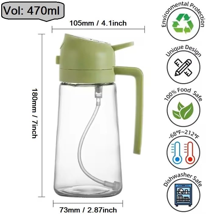 Oil Sprayer for Cooking 2 in 1, 470ml/16oz, Oil Spray & Dispenser Glass Bottle, Food-grade material for Kitchen, Salad Dressing, Frying, Air Fryer & BBQ (Green&CreamyWht)