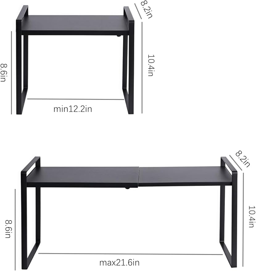Expandable Cabinet Shelf Organizer Riser for Kitchen Pantry Cupboard Under Sink Countertop (black, 8.2’’D * 12.2-21.6’’W * 10.4’’H)