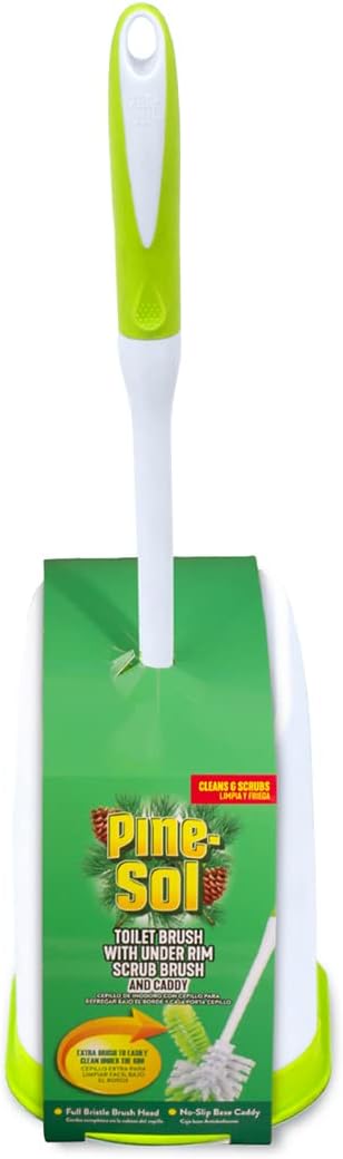 Pine-Sol Toilet Bowl Cleaner Brush with Holder | Heavy Duty Cleaning Wand with Under The Rim Scrubber, Non-Slip Handle, Storage Caddy | Bathroom Supplies, Yellow, Green