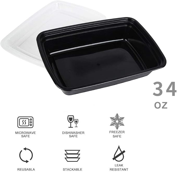 50-Pack Food Prep Containers, 1000ML/ 34 OZ Microwavable Food Storage Containers with Lids, Reusable Plastic lunch Containers Lunch Boxes- Stackable