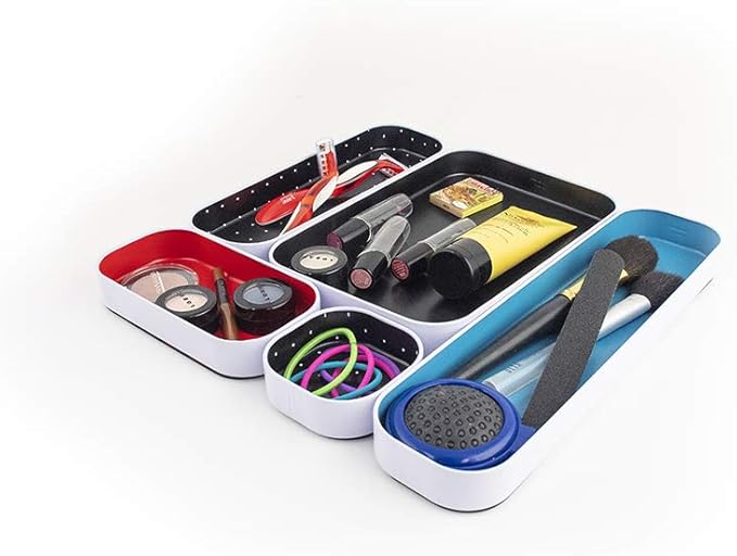 Three by Three Seattle 5 Piece Metal Organizer Tray Set for Storing Makeup, Stationery, Utensils, and More in Office Desk