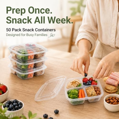 50 Pcs Snack Containers, 4 Compartment Bento Box with Lids, Plastic Food Storage Containers for Work Travel Camping(Clear)