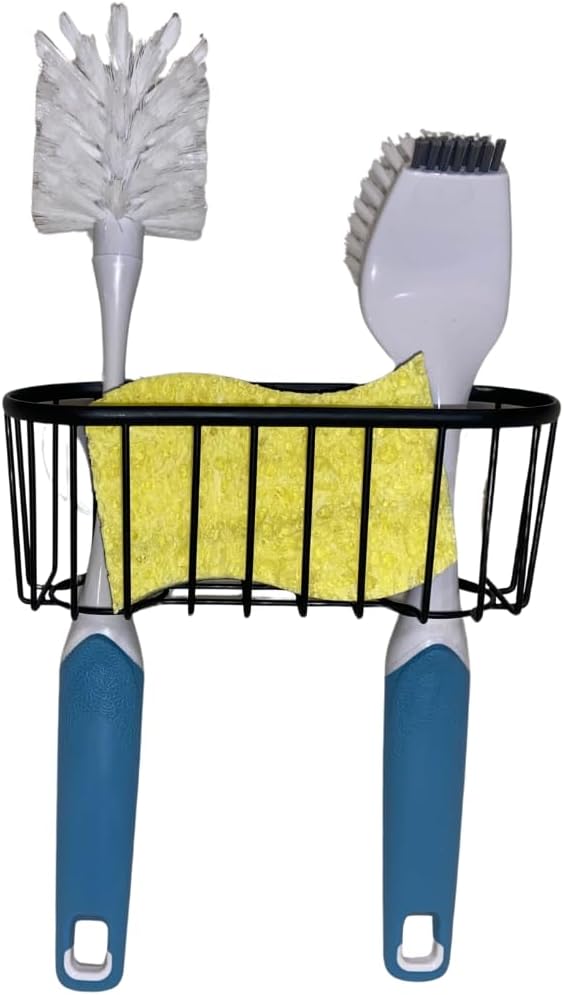 Premium Dual Brush Sink Organizer – Holds 2 Dish Brushes & Sponge, Strong 3-Suction Cup Base, Rust-Resistant Powder Coating, Elevated Drain-Friendly Design (7.2×2.6×3 in, Black)