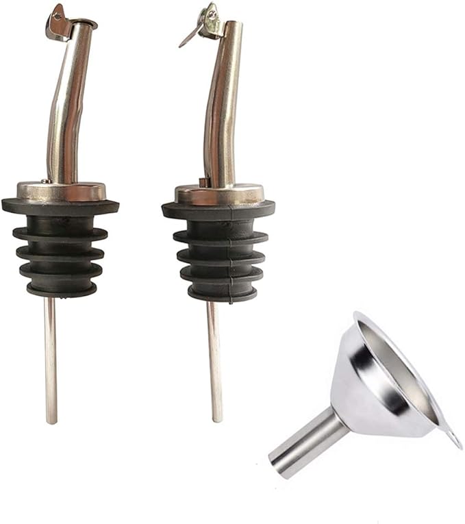olive oil spouts,Stainless Steel Classic Bottle Pour Tapered Spouts for Pours liquor, vinegar, syrup or oils with Stainless Steel Funnels (2pcs)