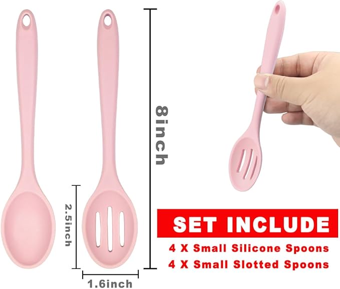 ELANE 8 Pcs Silicone Cooking Spoons Set,Mixing Spoons for Cooking Spoons for Nonstick Cookware Silicone Serving Spoons,Mixing Spoons for Cooking (Pink)