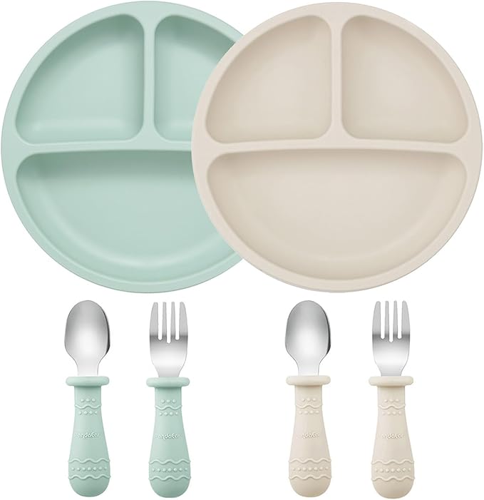 PandaEar Baby Feeding Set| 2 Pack Silicone Divided Suction Plate, 2 Set Toddler Spoons & Forks| Baby Led Weaning Supplies Self Feeding Eating Utensils (Green & White)