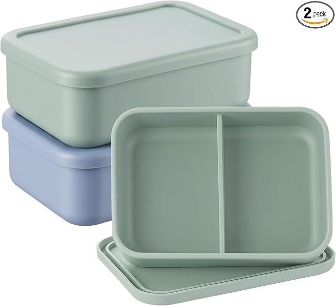 Layhit 2 Pcs Silicone Bento Box for Adults, 27 oz Bento Lunch Container Reusable 2 Compartment Lunchable Food Container for Women Men, Leak Proof Microwave Dishwasher Freezer Safe (Gray Blue,Green)