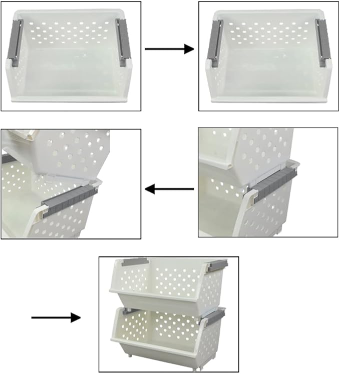 Kekow 4-Pack Plastic Large Stacking Organizer Basket, Stackable Storage Basket, White