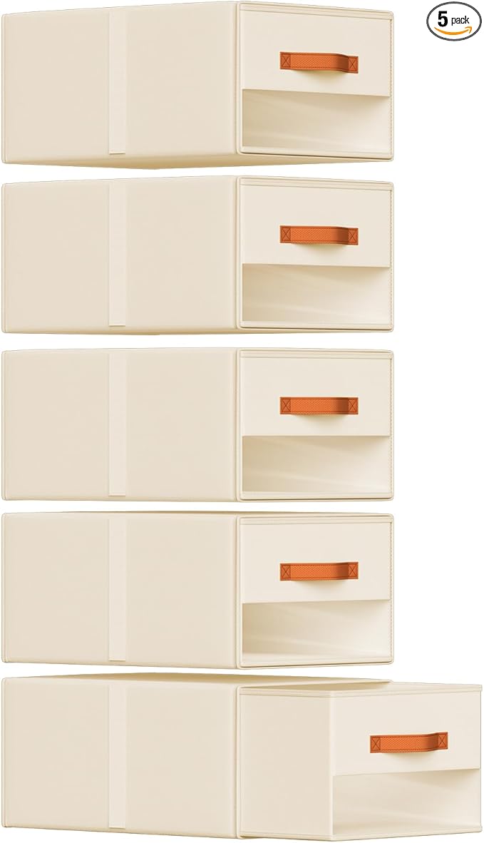 Stackable Storage Drawers - Pull Out Storage Bins with Drawers for Closet Clothes Organizers with Weekly Labels & Clear Window, Closet Shelf Storage for Bedroom, Living Room, 5 Pack, Beige