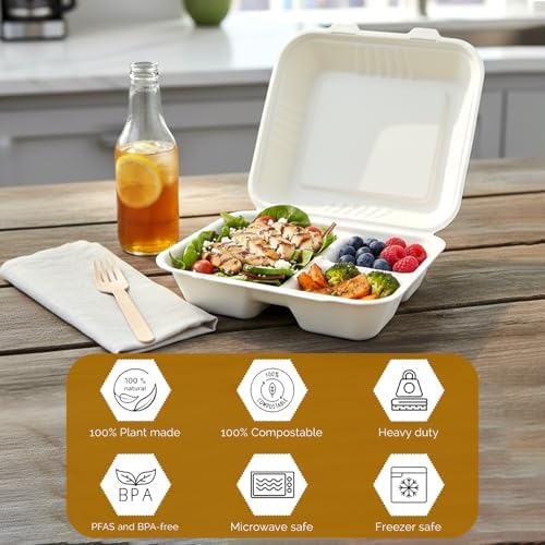 Pack of 200 9x9 3-Compartment Bagasse Clamshell Box Eco-Friendly Biodegradable Microwave & Freezer Safe Ideal for Takeaway Catering & Events Sustainable Disposable Food Container