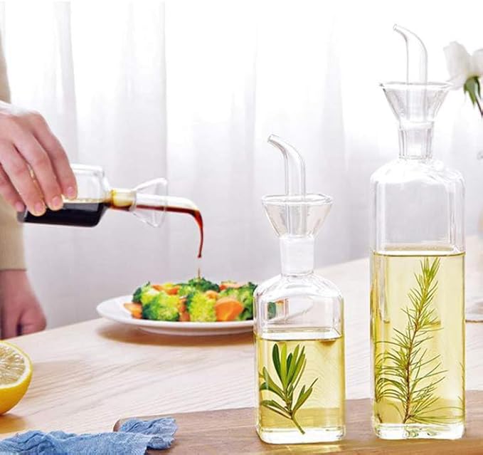 Olive Oil Dispenser, Olive Vinegar Cruet, Cooking Wine Container Salad Dressing Glass Oil Bottle, Vinaigrette Oil Dispenser for Kitchen or BBQ (8.5 oz, Set of 2)