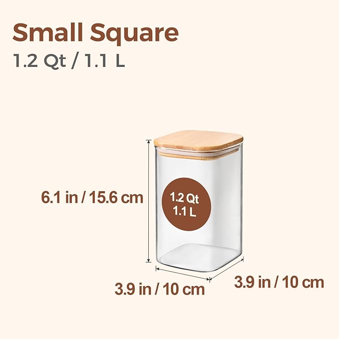 ComSaf 1.2 QT Glass Storage Containers with Lids, Glass Jars with Lids, Clear Food Jar, Square Canister Set of 6