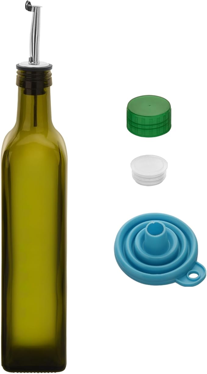 1 Pc 17oz Olive Oil Dispenser Bottle,500ml Glass Oil and Vinegar Dispenser Set with 1 Stainless Steel Pourers,Funnel Oil Bottles for Kitchen (Green)