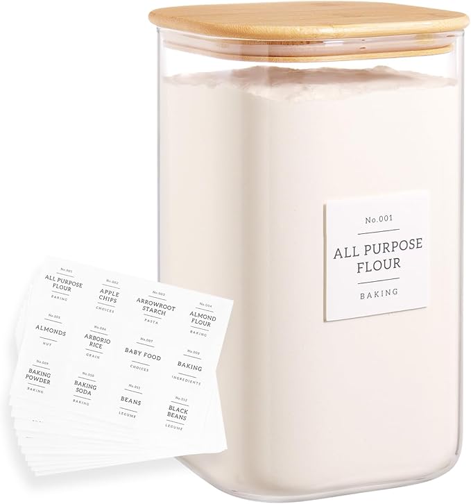 HHMJSM Large glass flour and sugar containers with 132 Kitchen Pantry Labels - 138 FL OZ Glass Food Storage Containers with Airtight Lids