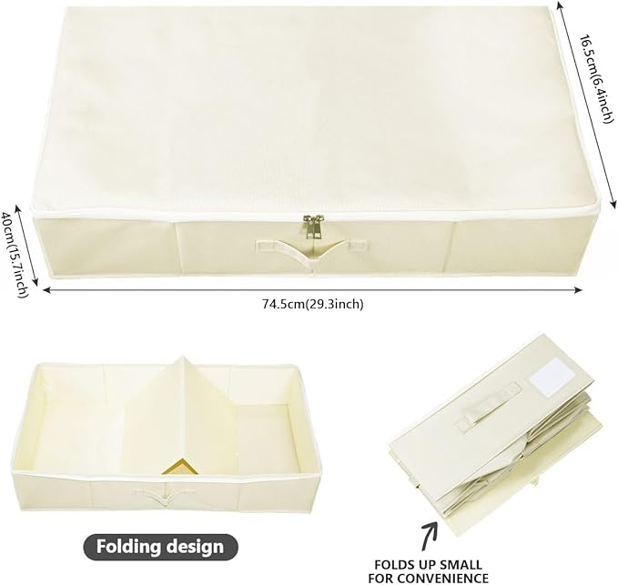 Omygarden Under Bed Storage Bins with Lids, Closet Organizers, Foldable Under-bed Storage Baskets for Sheets, Clothes, Quilts, Sweaters, Wrapping Paper, 35x16.5x7inch, Beige, 2PCS