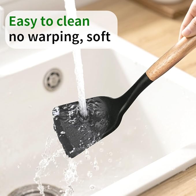 Kitchen Utensils Set for Cooking : 12 Pieces Silicone Wood Handle Kitchen Spatula Set - Heat Resistant Kitchen Gadgets Tools for Non-Stick Cookware (Black)