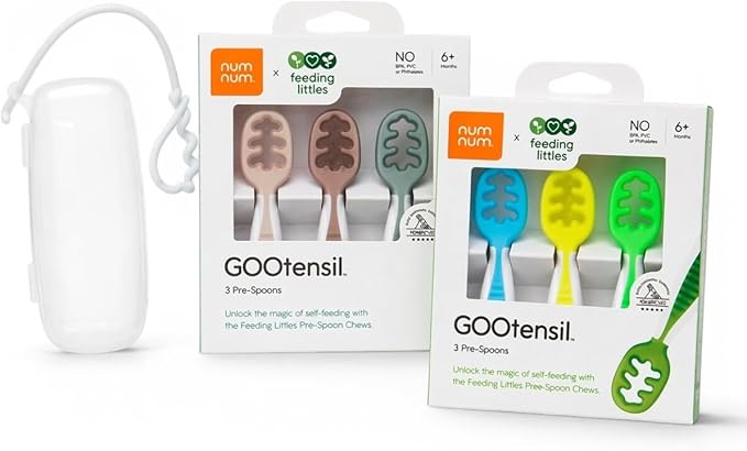 NumNum Baby Spoons Set, Feeding Littles x Silicone Pre-Spoon GOOtensils for Baby Led Weaning, Self-Feeding & Teething, First Stage Toddler Utensils for Ages 6+ Months, 6-Pack, BPA-Free (Neutral/Neon)
