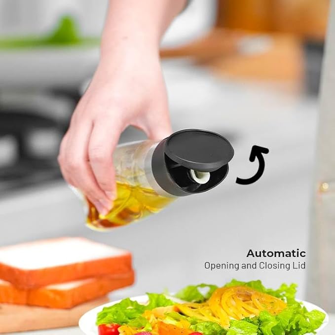 Premium Glass Olive Oil and Vinegar Dispenser Bottles Set, 2-Piece 16oz Kitchen Cooking Cruet with Auto-Open Lid, Non-Drip Pouring Spout, Oil Infuser Filter, Dishwasher Safe