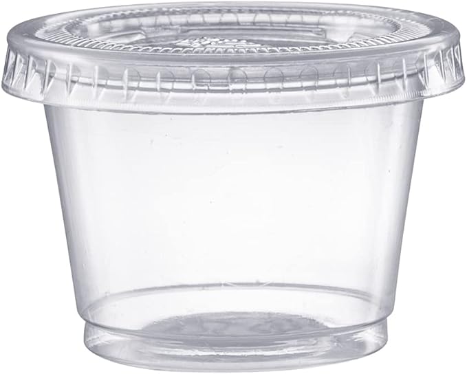 Pantry Value 1 oz Jello Shot Cups with Lids [100 Count] Clear Disposable Plastic Portion Containers, Condiment Cups for Sauces, Dressings & Samples - Durable, Stackable, Leak-Resistant