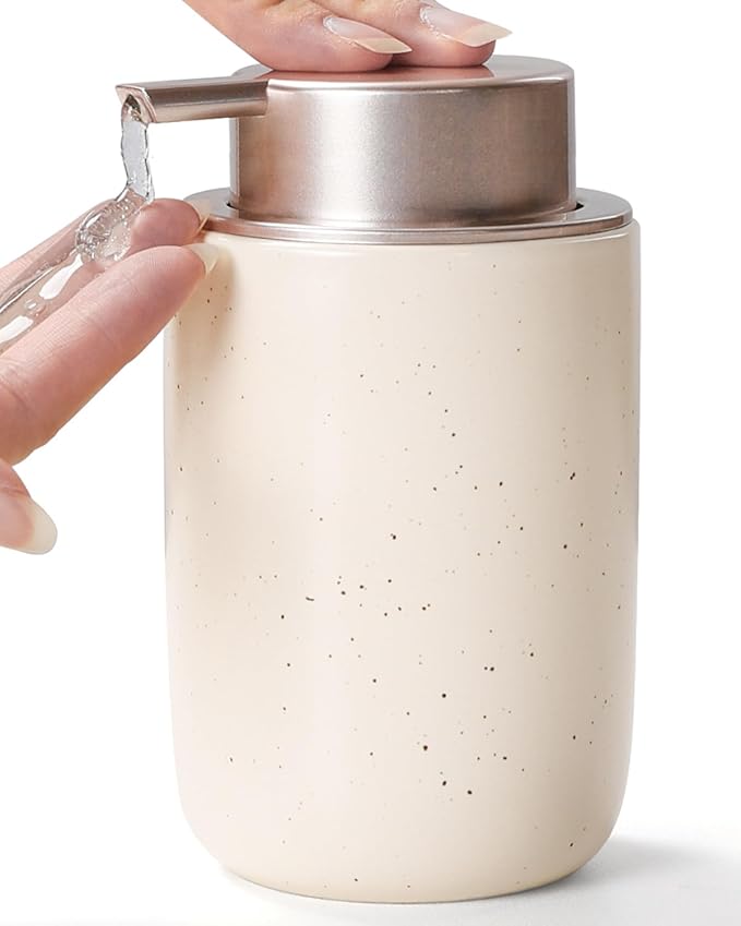 BosilunLife Lotion Pump Dispenser - Aprcot Soap Dispenser Bathroom Ceramic Dish Liquid Soap Dispenser for Kitchen, Bathroom Countertop Soap Dispensers (Apricot, Liquid Pump)