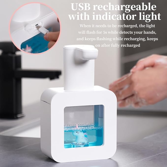 Cute Soap Dispenser for Kids - Automatic Foaming Soap Dispenser for Bathroom Kitchen Office School Children Gift, Waterproof USB Rechargeable Hand-Free 13.5oz,White Unicorn