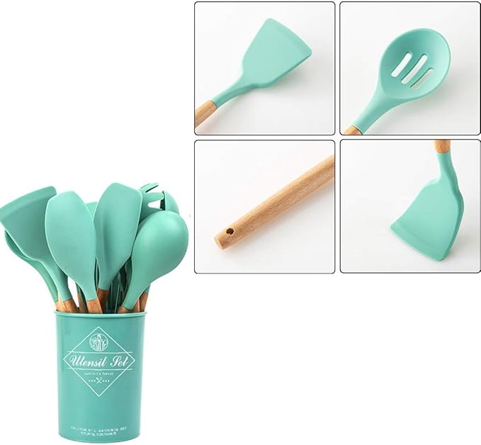 17PCS Silicone Utensils Set with Wooden Handle Heat Resistant Cookware Utensils Kit Easy To Clean Kitchenware Kitchen Tools for Non-Stick Cookware - Drak Green