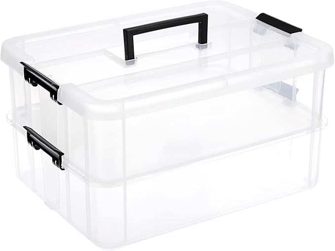 JUXYES 2-Tiers Stack Carry Storage Box With Handle, Transparent Stackable Storage Bin With Handle Lid Latching Storage Container for School & Office