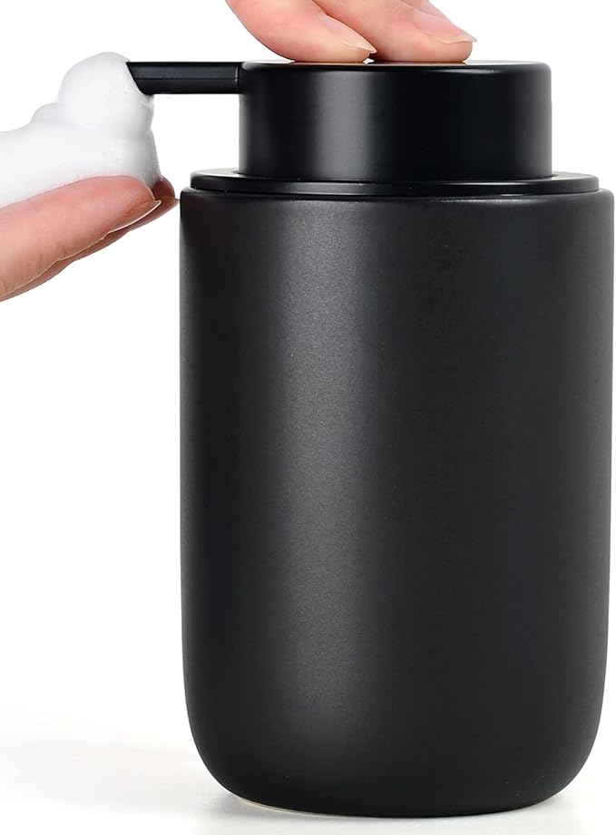 BosilunLife Black Foam Soap Dispenser - Ceramic Foaming Hand Wash Dispenser for Bathroom Modern Farmhouse Small Soap Dispenser Lotion Hand Pump Dispenser for Kitchen Sink