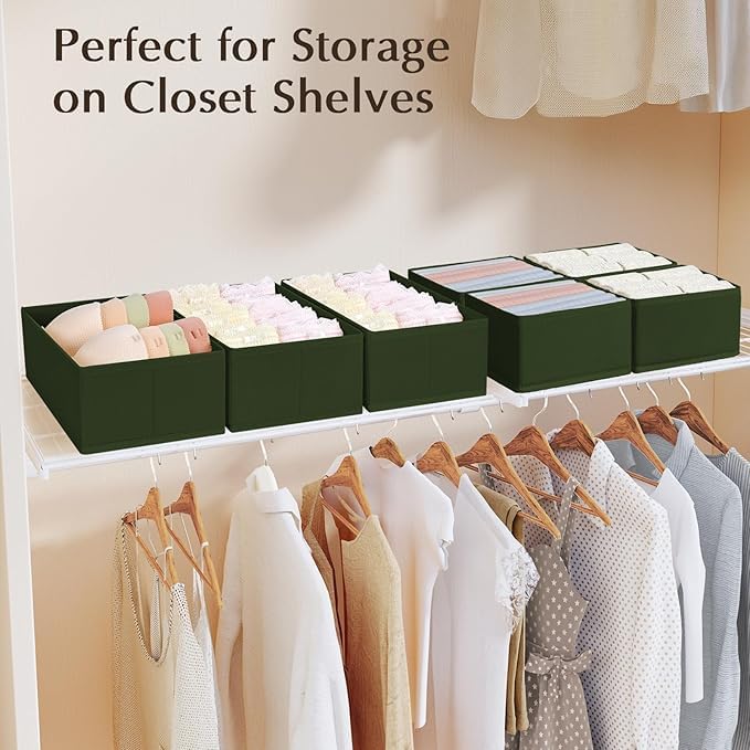DIMJ Drawer Organizers Clothes, Set of 16 Dresser Organizer Bins, Fabric Closet Organizers and Storage, Shallow Drawer Dividers for Nursery, Clothing, Baby Clothes, Socks, Underwears, Tie (Green)