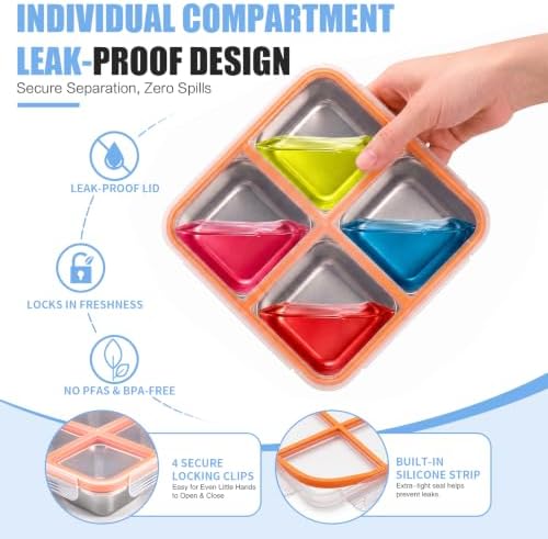 4 Pack Stainless Steel Snack containers, Leak-Proof, 4 Compartments, 3 Cups