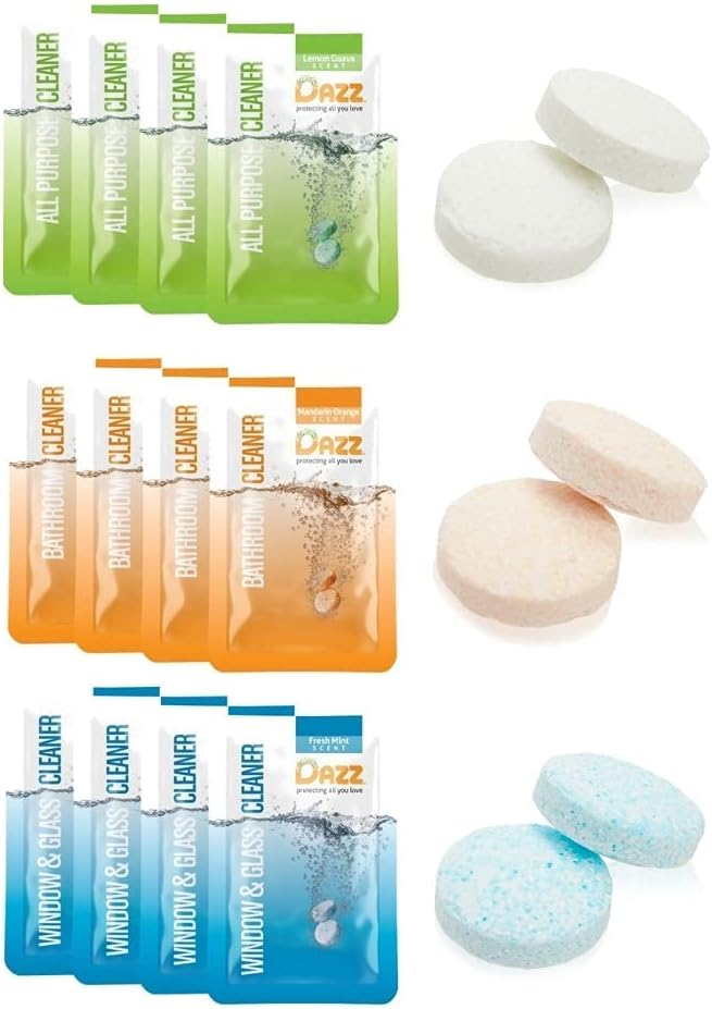 Dazz Whole House Refill Pack (4 Of Each Product - 12 Total) Natural Cleaning Tablets - All Purpose Cleaner, Glass and Window Cleaner