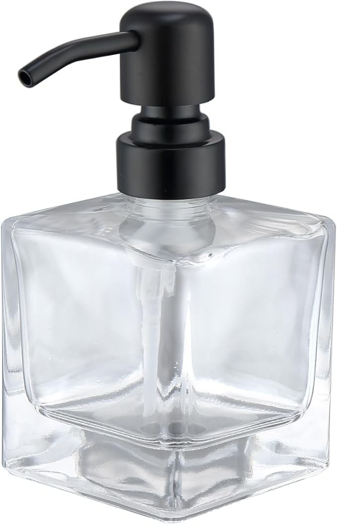 Square Bathroom Soap Dispenser Black, 8.4 oz Glass Bottles with Stainless Steel Pump Cube Liquid Hand Soap Dispenser Kitchen
