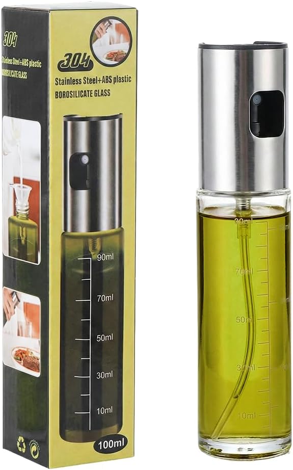 Oil Sprayer for Cooking,Olive Oil Sprayer,3.38 Oz/100ml,Press Oil Spray Pot with Scales,304 Stainless Steel Glass Oil Spray Bottle for Salad, Baking, BBQ, Air Fryer Accessories (1 Bottle)