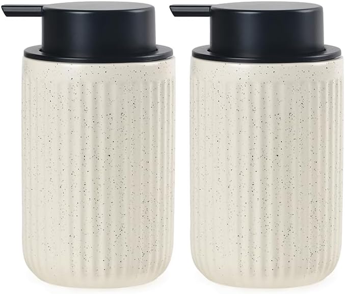 BosilunLife Foaming Soap Dispenser Set - Beige Ceramic Foam Hand Soap Dispenser 12oz with Rust Proof Pump, Easy Pressing, Refillable for Kitchen & Bathroom - 2 Pack