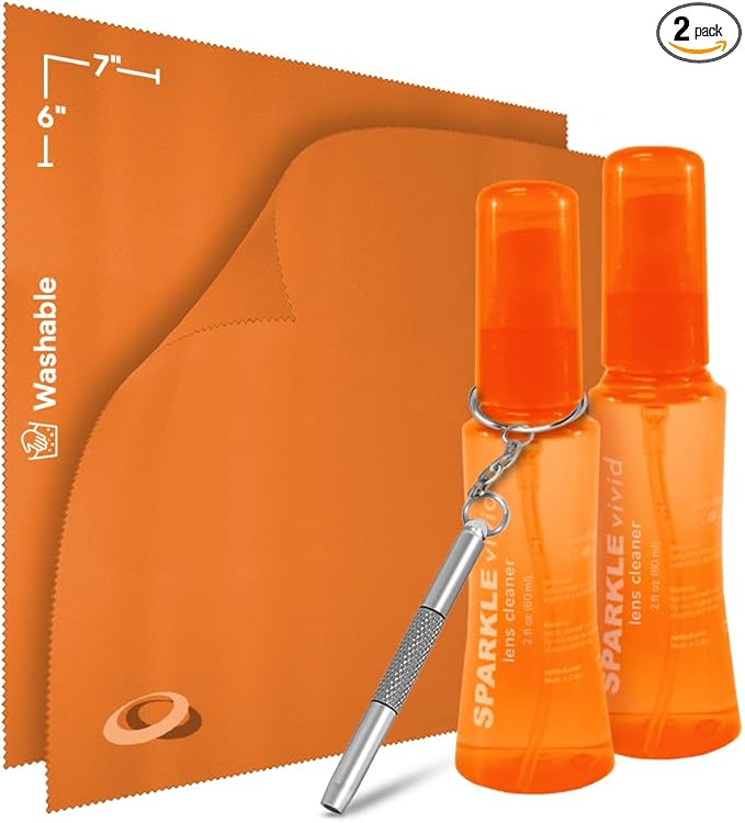 Sparkle Vivid Anti-Reflective Safe Lens Cleaner & Repair Kit – (2) 2oz Glasses Cleaner Spray, (2) Microfiber Cloth & Keychain Screwdriver for Eyeglasses, Sunglasses, Lenses & Screens (5 Piece Set)