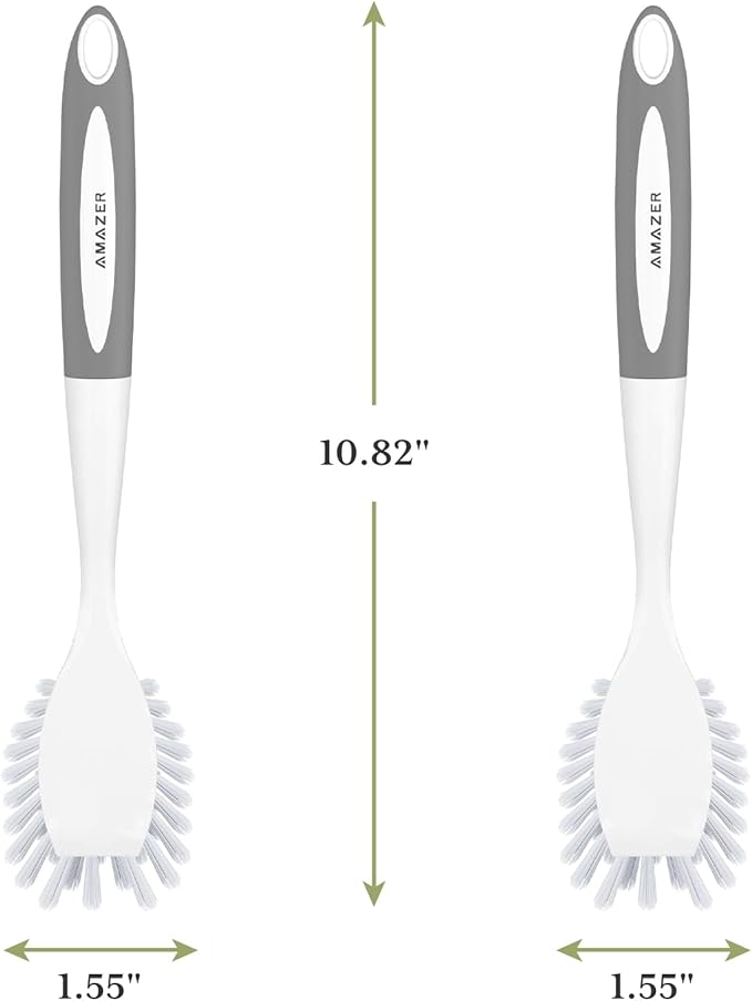 Amazer Dish Brush with Handle, 2 Pack Kitchen Scrub Brushes for Cleaning, Dish Scrubber with Stiff Bristles for Sink, Pots, Pans (Grey+Grey)