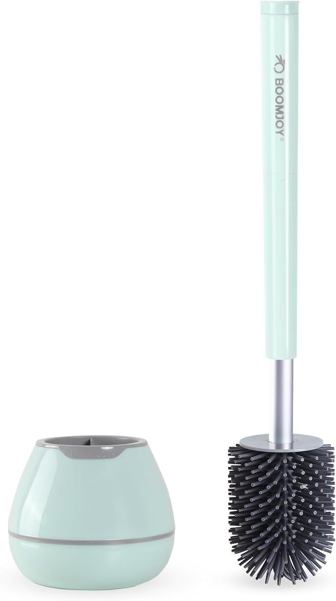 BOOMJOY Toilet Brush and Holder Set, Silicone Toilet Bowl Cleaner Brush, Toilet Scrubber Brush with Tweezers for Bathroom Cleaning, RV Accessories and House Organization Must-Haves - Green/Aqua