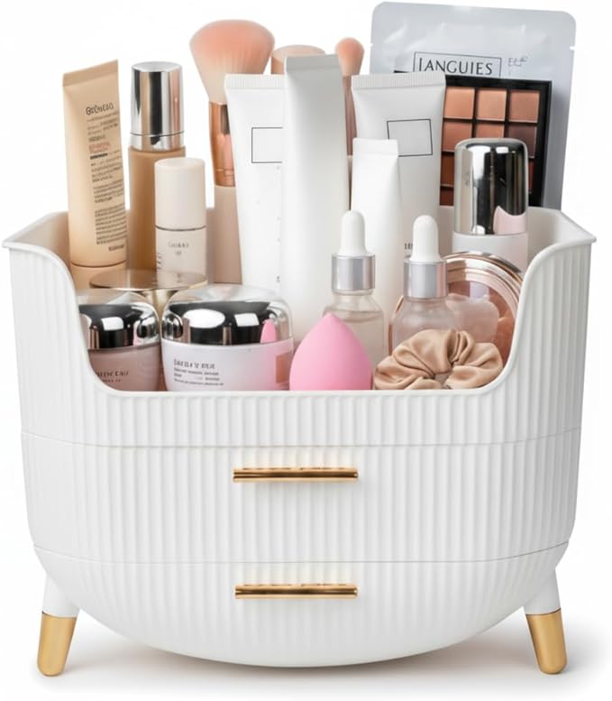 Makeup Organizer with Drawers, Skincare Storage Box for Vanity, White