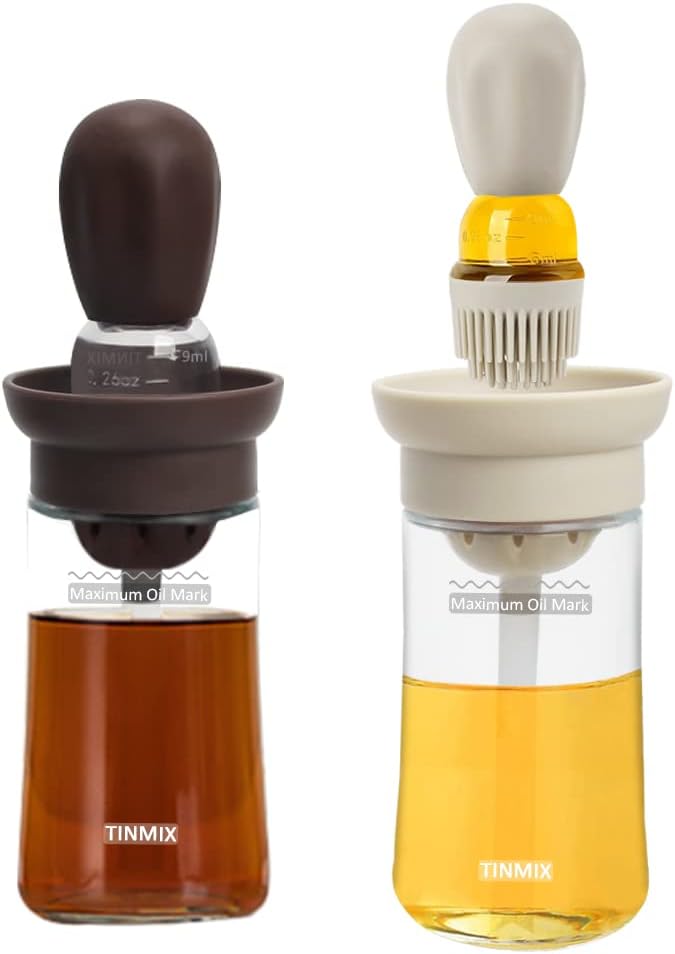 TINMIX 2 Pack Oil Dispenser with Brush - 2 IN 1 180ml Glass Olive Oil Dispenser Bottle with Basting Brush for Cooking Frying Kitchen, T-OB21S, Brown+Grey