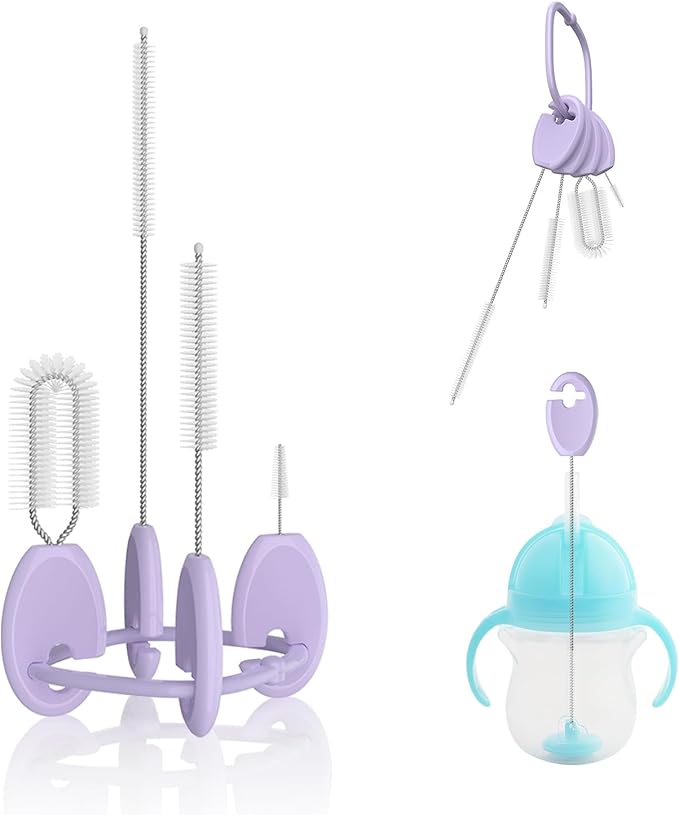 Baby Straw Brush Set, 4 Piece Cleaner Kit with Standable Key Ring for Sippy Cups, Weighted Straw Cups & Baby Bottles – Designed for 0–24 Months
