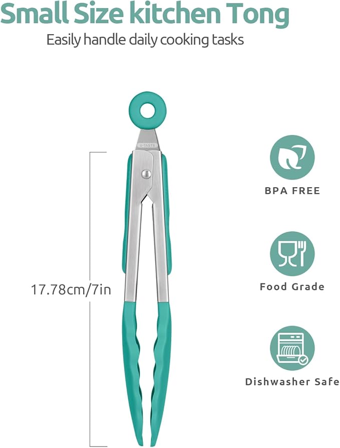 600ºF Heat Resistant Kitchen Tong: U-Taste 7in Silicone Cooking Tong with Firm Sealed Non Stick Rubber Tips & Silicon Coated 18/8 Stainless Steel Handle & Smooth Locking for Serving Salad (Aqua Sky)