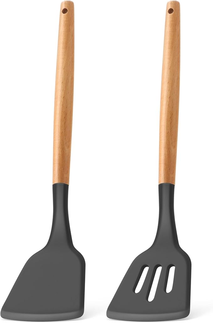 E-far Silicone Spatula Turner, 2 Pack Heat Resistant Kitchen Spatulas for Nonstick Cookware, Rubber Solid Slotted Spatula Cooking Utensils for Fish, Eggs, Pancakes (Gray)