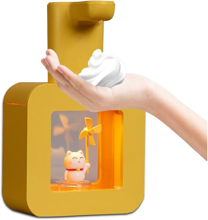 Kids Automatic Foam Dispenser - Lovely Soap Dispenser for School Bathroom Kitchen Office, Waterproof USB Rechargeable Hand-Free 13.5oz, Children Birthday Gift, Yellow Cat