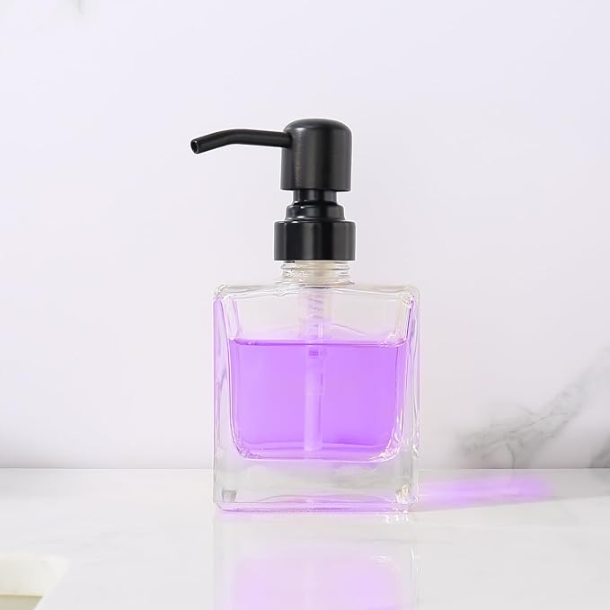 Square Bathroom Soap Dispenser Black, 8.4 oz Glass Bottles with Stainless Steel Pump Cube Liquid Hand Soap Dispenser Kitchen