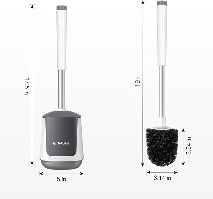 SetSail Toilet Brush and Holder 2 Pack, Self Closing Lid Toilet Bowl Brushes Holder and Extra Long Handle Ventilated Toilet Brush Set for Bathroom Cleaning, Nylon Bristles, White & Grey