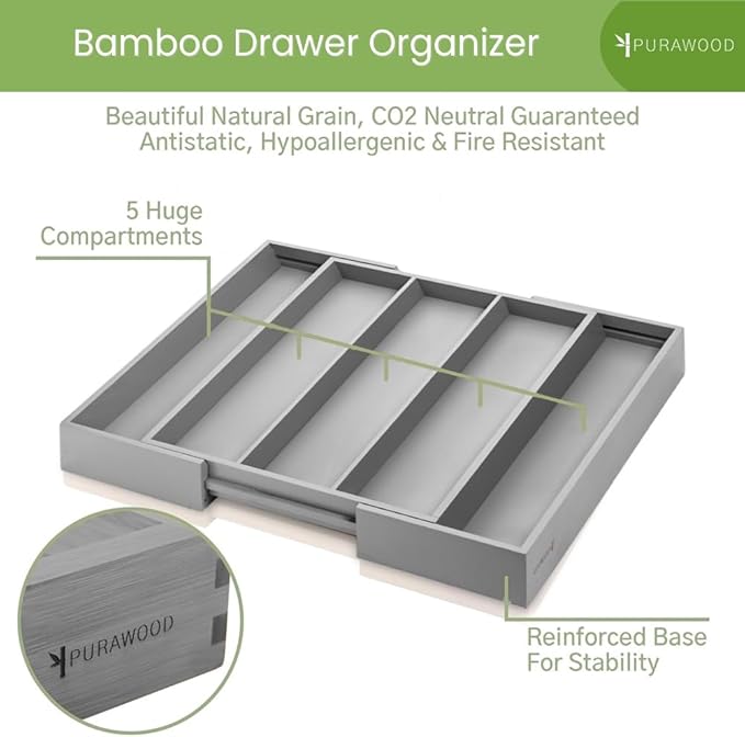 Purawood Kitchen Drawer Organizer - Expandable Utensil Drawer Organizer for Kitchen, Cutlery Tray & Silverware Organizer, 3-5 Slots - Bamboo Organizer for Utensils & Flatware (Grey)