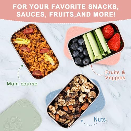3-Pack Large Stainless Steel Snack Containers with Silicone Lids - 15oz Reusable Small Food Storage Deli Containers for Snacks & Meal Prep, Leak-Proof, Easy Open & BPA-Free (440ML)