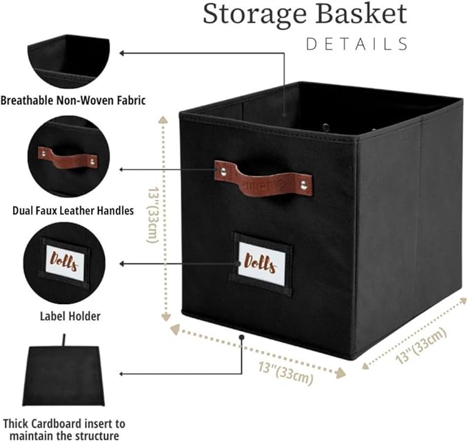 Storage Cubes, 13x13x13 Storage Cube Bins with Labels, 13" / 6pcs, Black