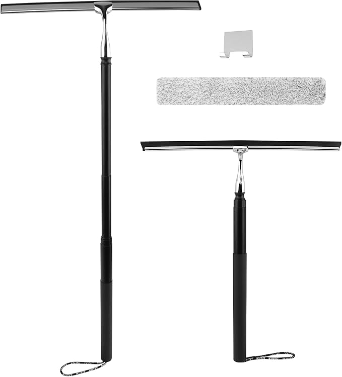 Shower Squeegee with Long Handle and Adhesive Hook, 16.93" to 59.84" Telescopic Squeegee for Window Cleaning