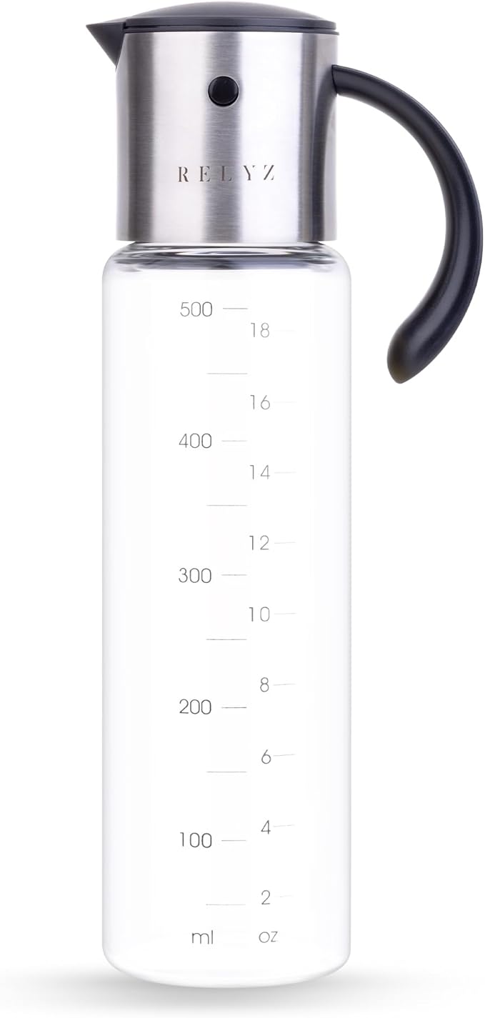 Large Olive Oil Dispenser Bottle, 17oz Glass Oil Dispenser for Kitchen with Drip-Free Stainless Steel Spout, Leak-Proof, with Measurement Markings for Cooking, Vinegar, & Soy Sauce - Dishwasher Safe